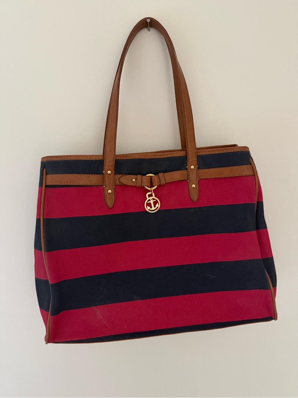 Tommy Hilfiger Red & Navy Striped Canvas Tote with Tan Trim